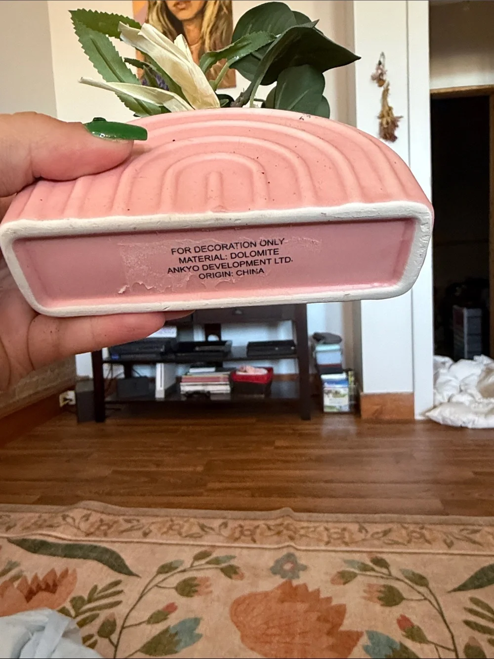 Handheld Pink Rainbow Ceramic Vase with Faux Lavender